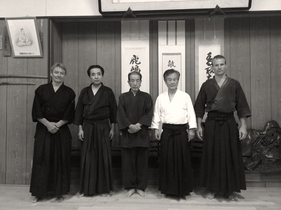 Katori Shinto ryu sensei Erik Louw Shidosha Holland, Otake Nobutoshi sensei, Otake Risuke sensei, and Hironobu Yamada sensei